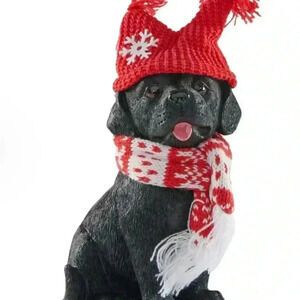 2/$25 Holiday Black Dog w Knit Winter Red Hat and Scarf Figurine Christmas Cute